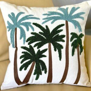 18x18 Embroidered Tufted Tropical Mediterranean Palm Trees Throw Pillow Cover
